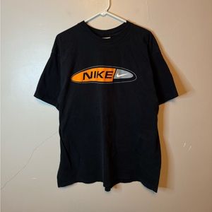 Vintage 90s Nike Center Logo Swoosh Spell Out T-Shirt Black Orange Gray Size XL